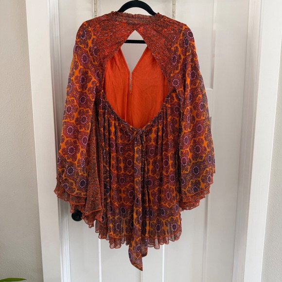 Free People Gabi Printed Tunic Top Orange Purple Open Back XS Boho Belle sleeve - Picture 4 of 8